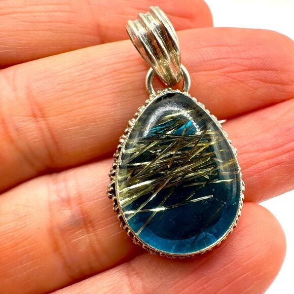 Jewelry - Stunning 15x20mm pear blue dichroic glass and sterling silver pendant!